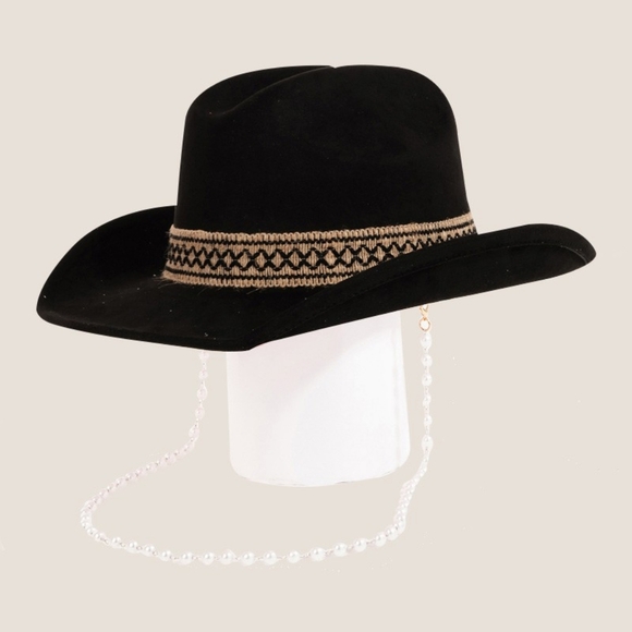 Black Ornate Band Cowboy Hat with Beaded Chain - Picture 1 of 7